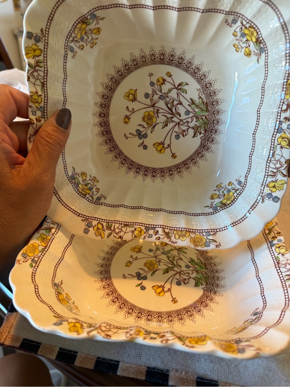 Scalloped Ceramic Dinnerware Bowl with Yellow Floral Design